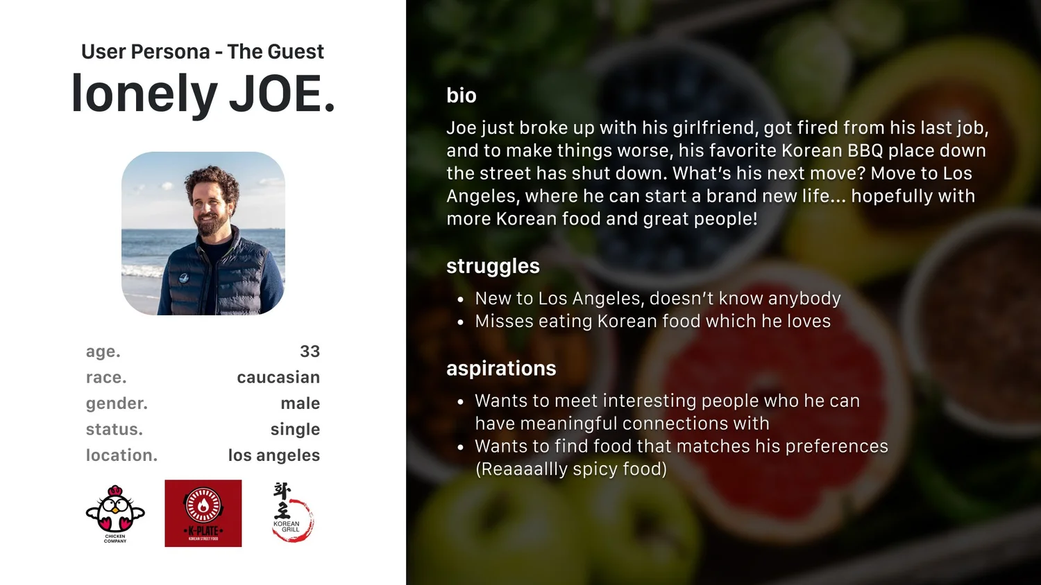 Joe, the guest: new to Los Angeles, misses Korean food, wants to meet people