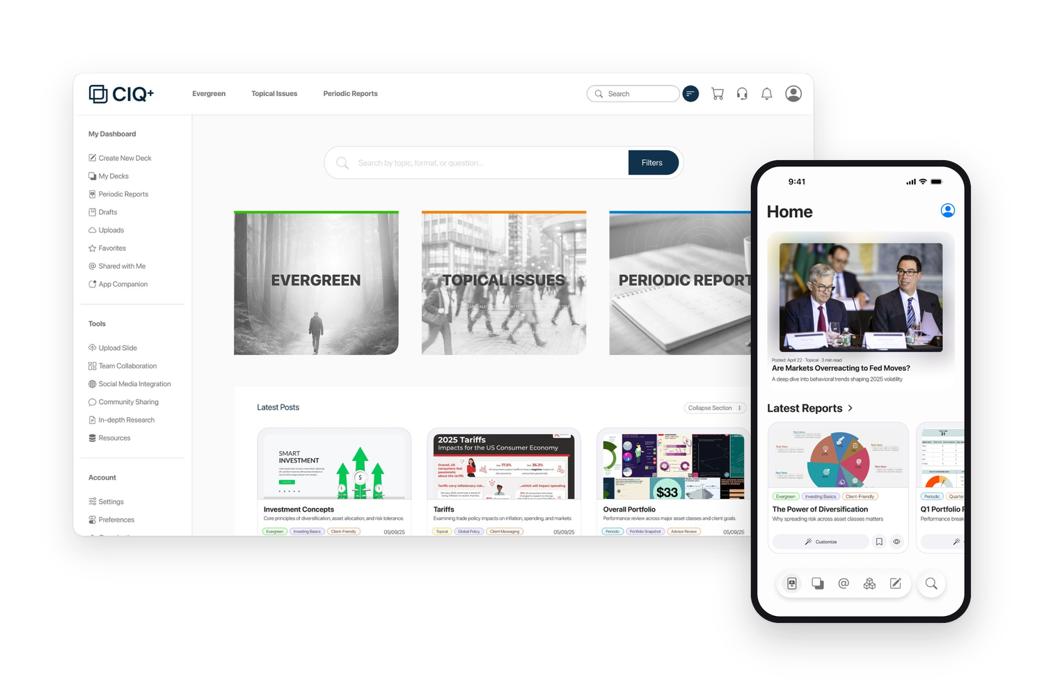The advisor platform concept: the library's landing page, with the app beside it