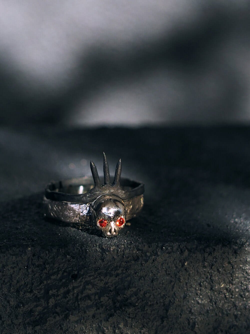 Garnet-Eyed-Skull-Ring-with-Oxidised-Spike-Ring-SLAB-Jewellery.jpg