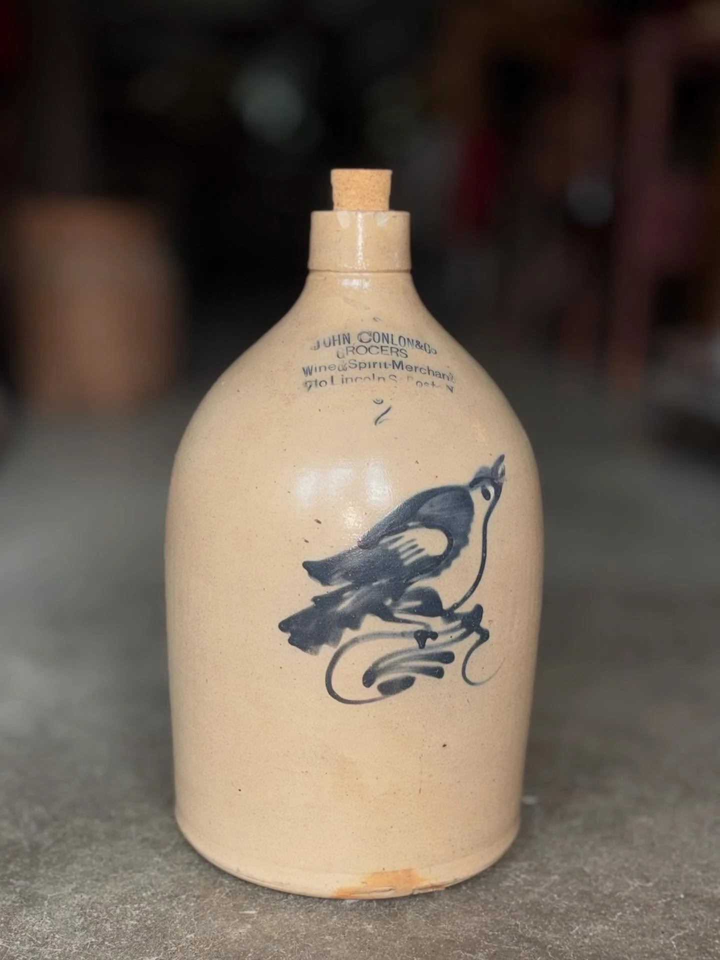 Early American history preserved &mdash; a John Conlon &amp; Co. wine &amp; spirit jug from Boston, a Seymour Brothers gin jug from Hartford, and two classic stoneware crocks. Once everyday essentials, now rare and ready for a new home. @frost.antiqu