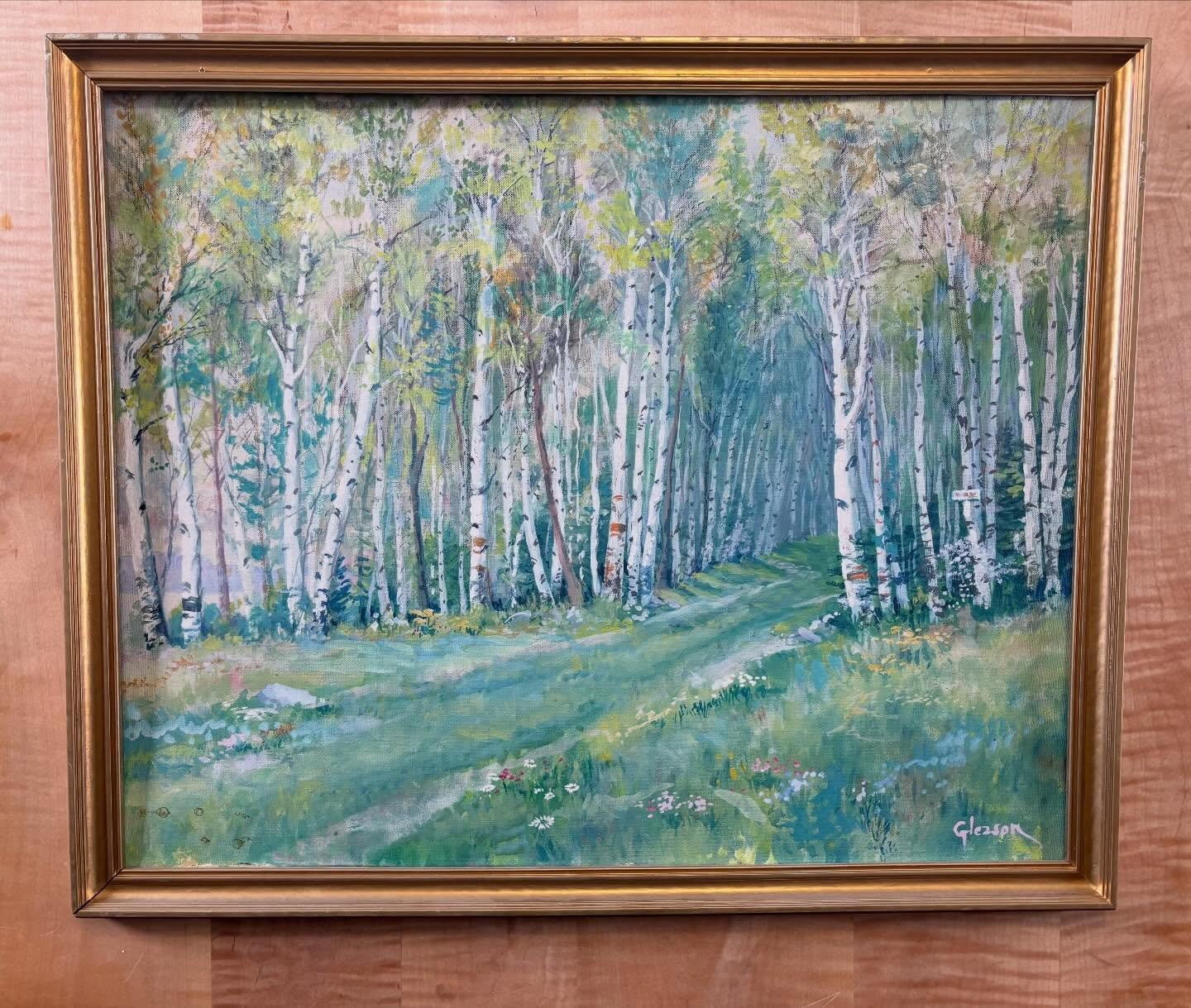 A path through the birches, soft light underfoot and that quiet feeling of being somewhere familiar. This painting feels like fresh spring air &mdash; it&rsquo;s one of those images that makes a room exhale. 

SIgned Gleason - an artist not easily id