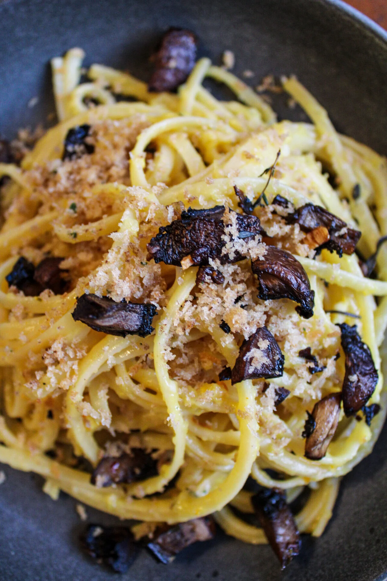 Delicata Squash Carbonara with Mushrooms and Sage Breadcrumbs