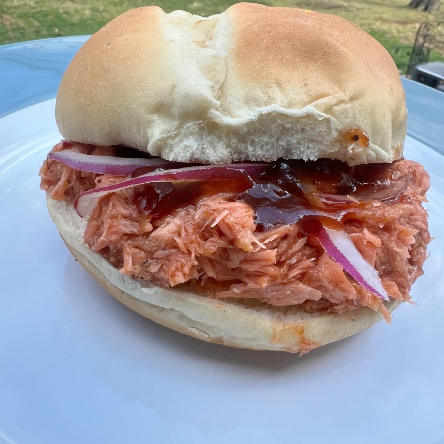 Special menu item for tomorrow&hellip;

Chopped BBQ Salmon! 

Salmon, seasoned&hellip;smoked &amp; chopped. Served up on a brioche bun, with bbq sauce and sliced red onion (optional). 

Something different. Come thru and give it a try tomorrow! Check