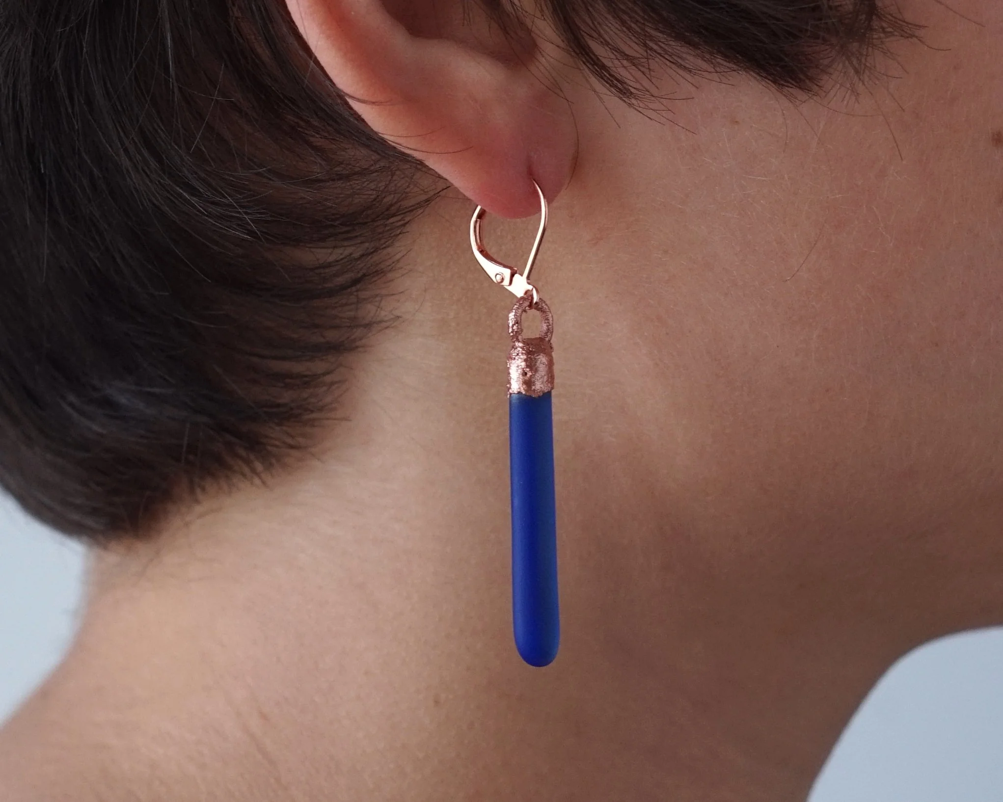 Recycled Riesling Wine Bottle Earrings - Melted Cobalt Blue Glass and Copper
