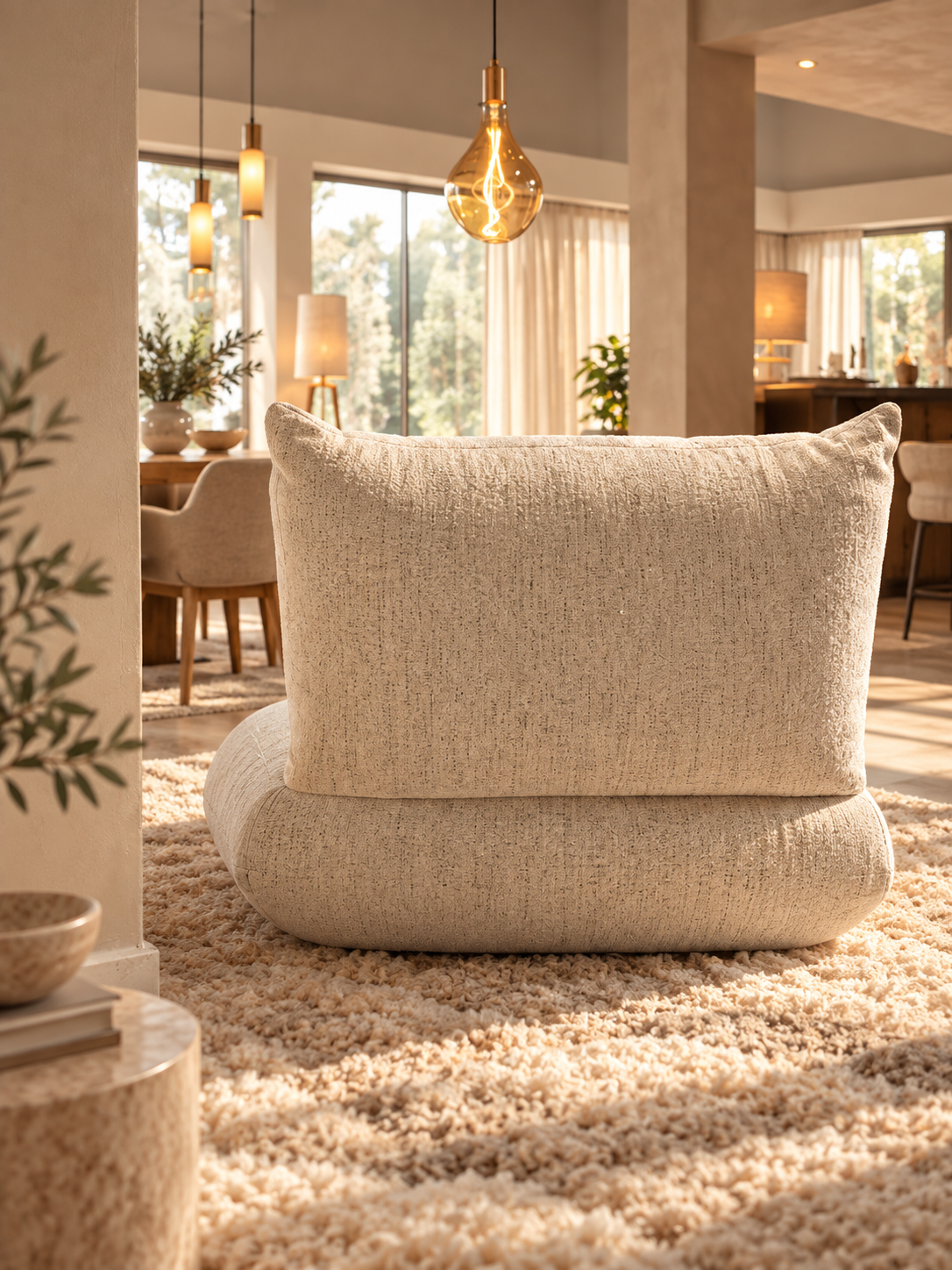 Zonovergoten beige loungestoel in natuurlijk interieur.png