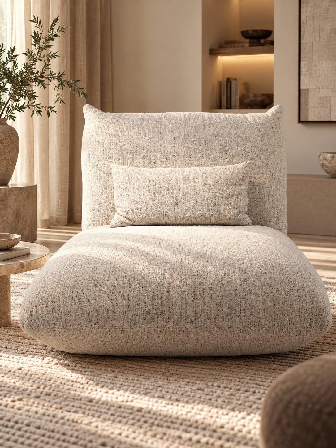 Knusse beige loungezetel in warm interieur.png