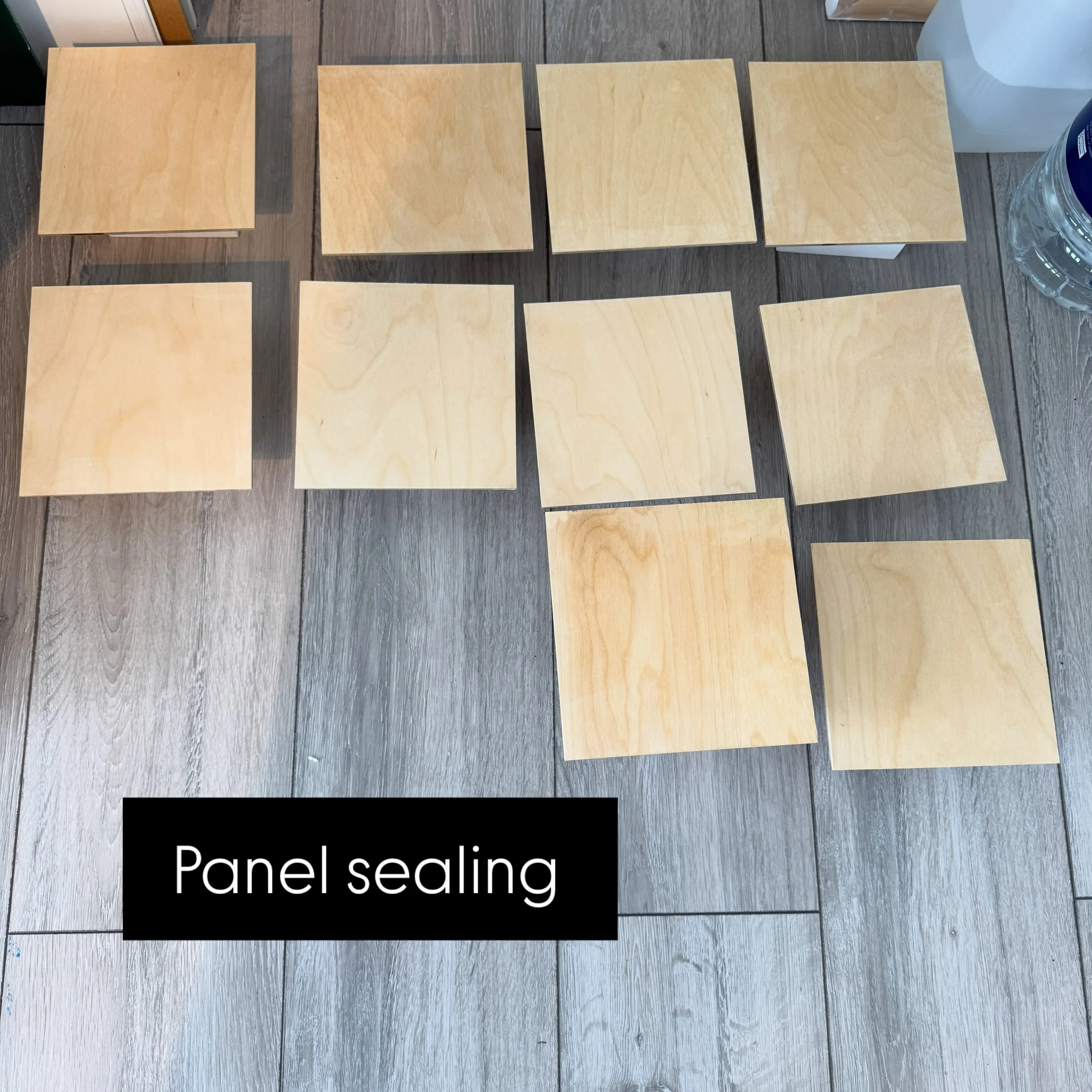 A mixed day in the studio.  The little panels (16cm sq) arrived so I&rsquo;ve been sanding and sealing them.  One of the shelves kept rocking so I decided to investigate and found the holes had expanded so I&rsquo;ve glued the &lsquo;niblets&rsquo; (