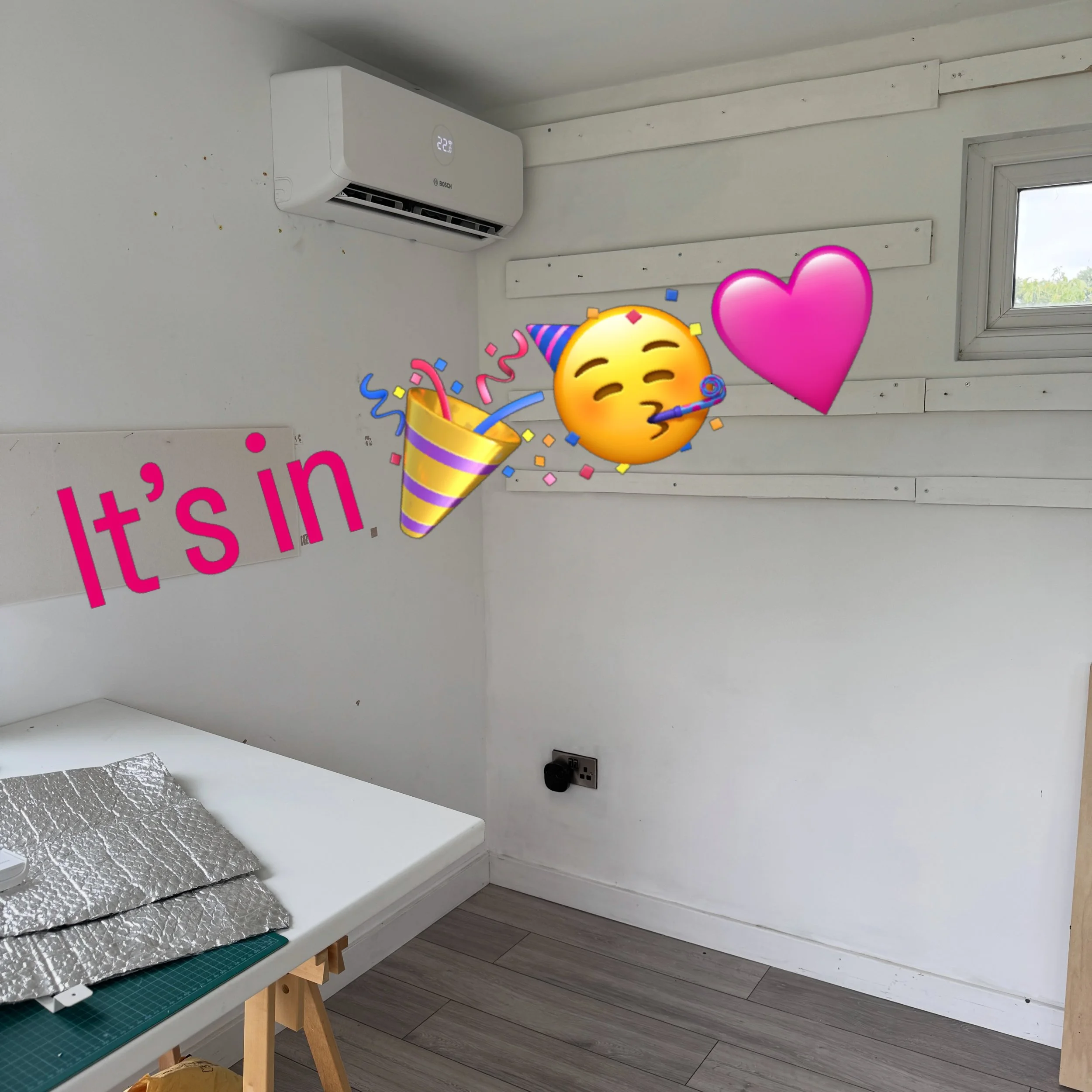 The aircon is in 😊and, as predicted, it&rsquo;s cool and pouring down outside! 

Work starts tomorrow - first sorting out all the things I had to move and then painting like a dervish to get work done for Art in the Barn and also Art Fair Cheshire.
