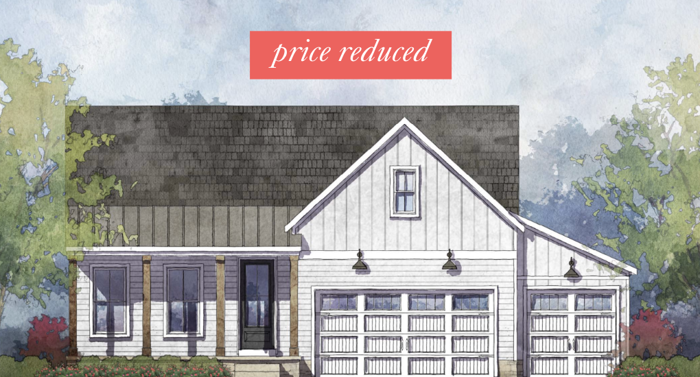 Watercolor illustration of a modern house with a gabled roof, white siding, and large garage doors, surrounded by trees and a garden.