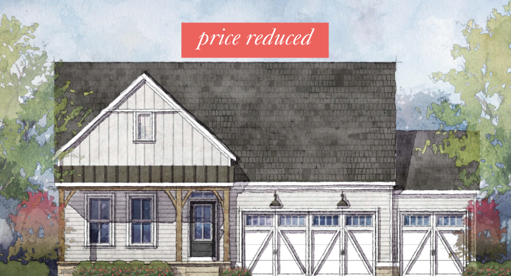 Illustration of a house with a dark gray gable roof, white siding, and three large garage doors. There are trees on either side and a small front porch with wooden beams, with a backdrop of a partly cloudy sky.