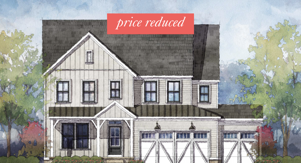 Illustration of a two-story house with a dark roof, white exterior, and a front porch, surrounded by trees and bushes.