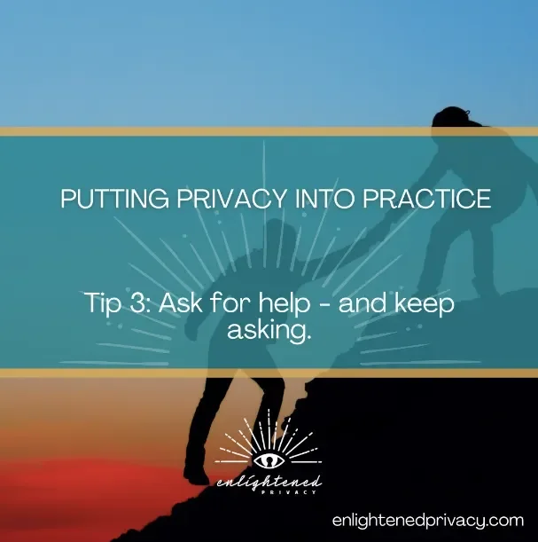 Silhouettes of two people helping each other climb a hill, illustrating privacy tip 3: 'Ask for help.