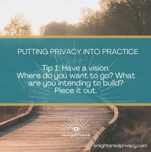 Wooden boardwalk in a foggy, sunlit landscape with privacy tip 1: 'Have a vision.