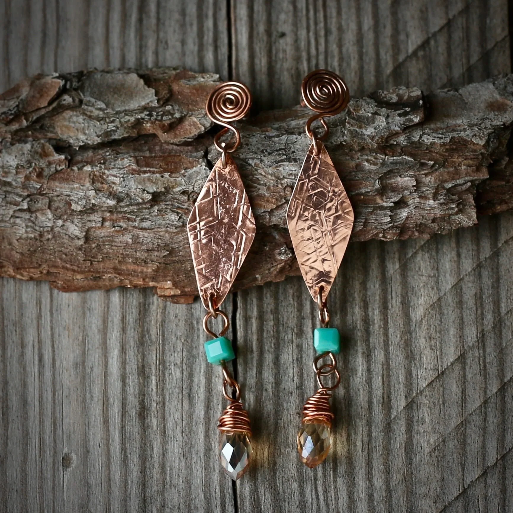 copper earring with crystal drop and turquoise square.jpg