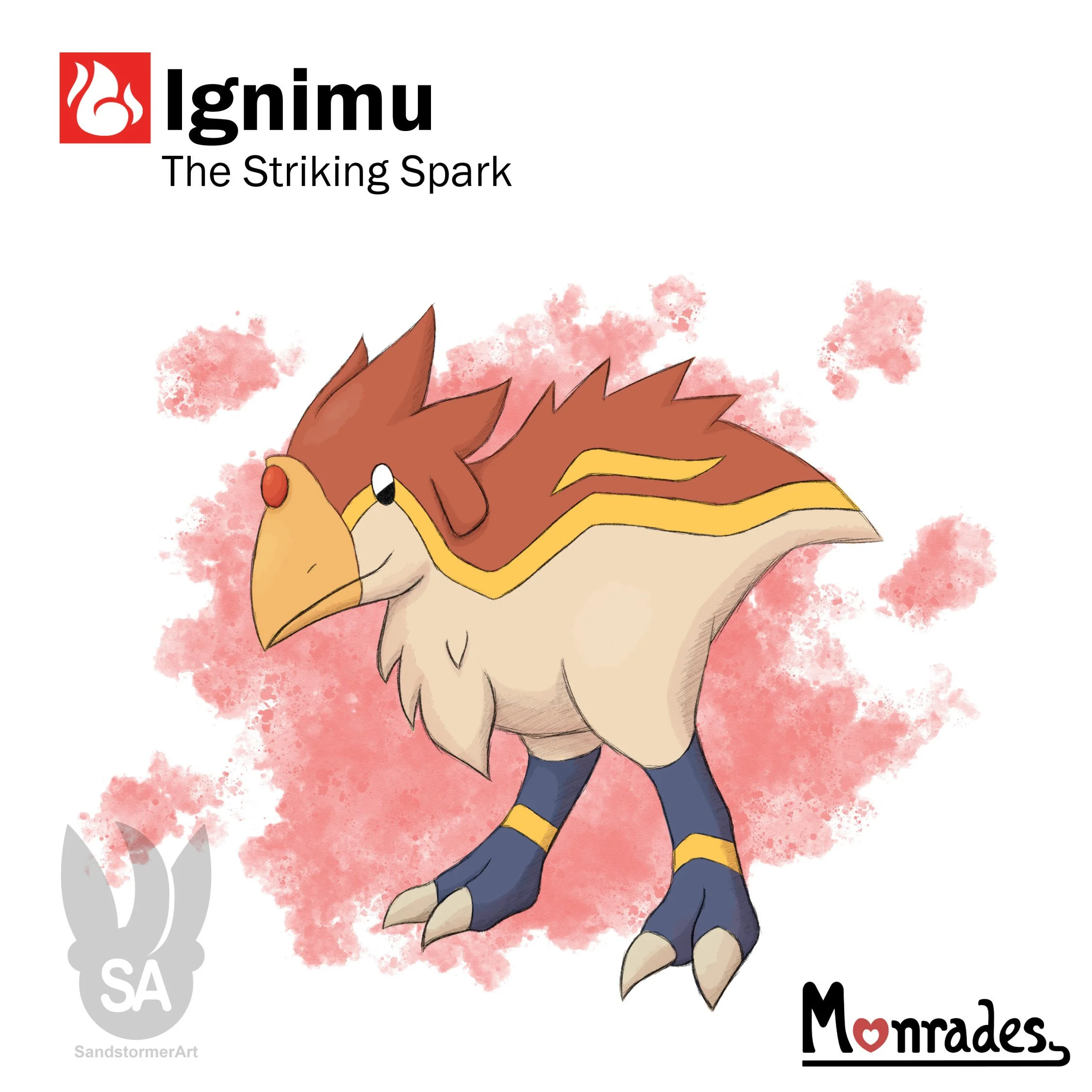 Monrades: Ignimu, a brown bird creature. Character design like Pokemon, Fakemon, Digimon and Monster Hunter.