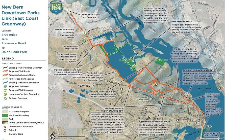 NCDOT is seeking public input on the &ldquo;New Bern Downtown Parks Link&rdquo; project, connecting downtown New Bern to several of the City&rsquo;s major parks. This route will become part of the East Coast Greenway&rsquo;s &ldquo;complementary rout