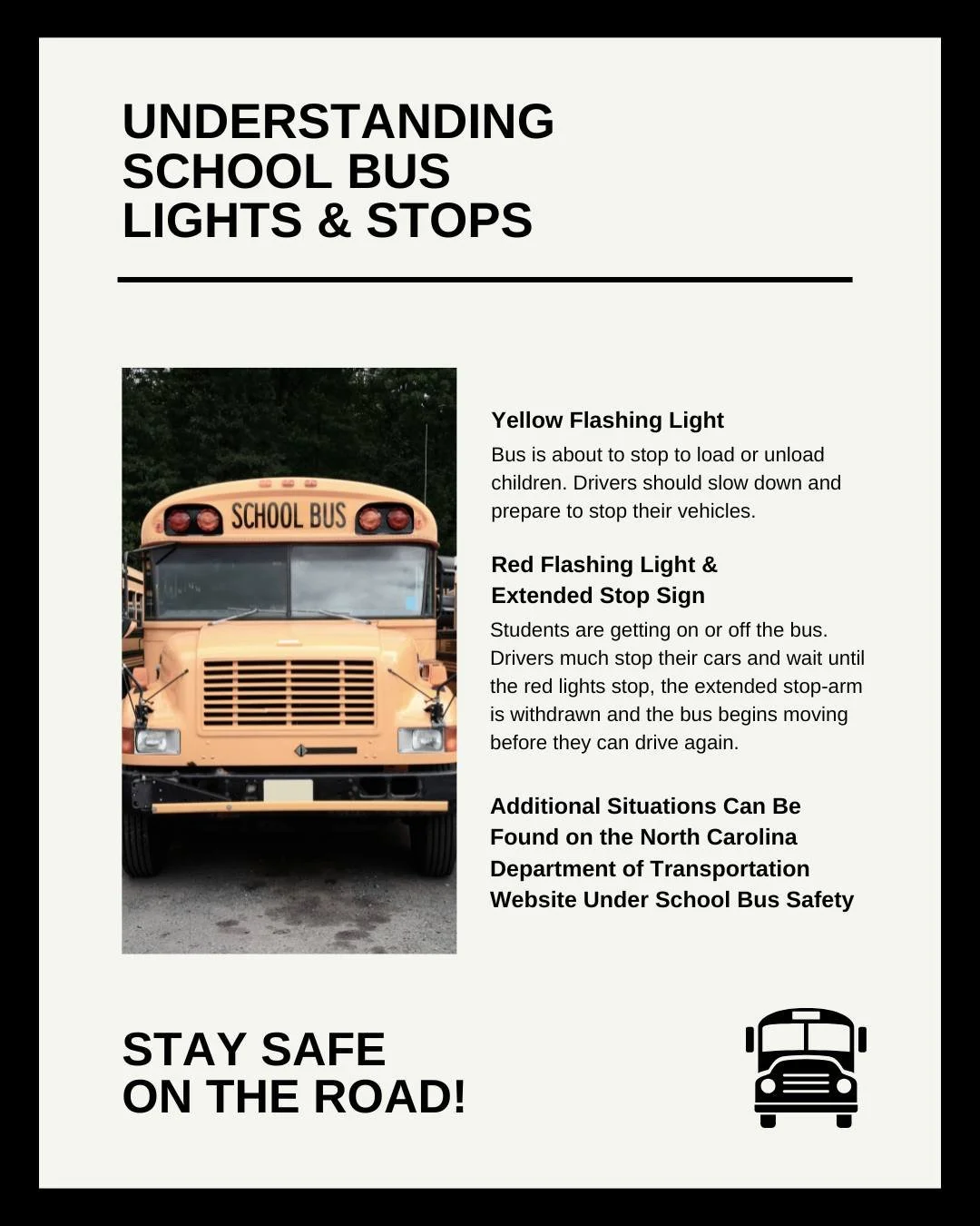 Passing a stopped school bus is illegal. Avoid costly fines and save lives by understanding what to do in different situations. 

⚠️Yellow flashing lights mean the bus is preparing to stop. 
🚨Red flashing lights mean there are students moving around