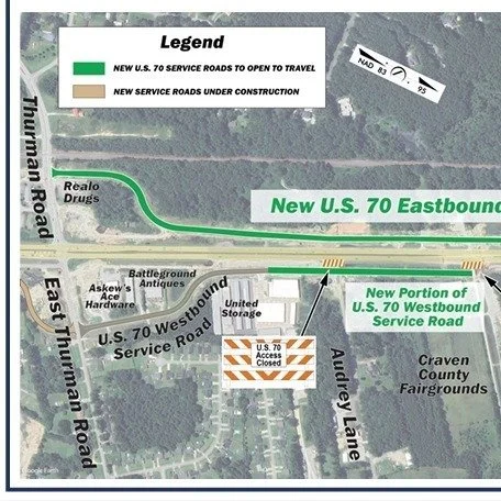 #US70JamesCity Traffic Alert IMPORTANT CHANGES TO TRAFFIC PATTERNS ‼️⚠️

On Saturday, Nov. 8, new U.S. 70 service roads will open to traffic between Thurman Road and Garner Road. In addition, access to U.S. 70 at Garner Road, Audrey Lane, and Craven 