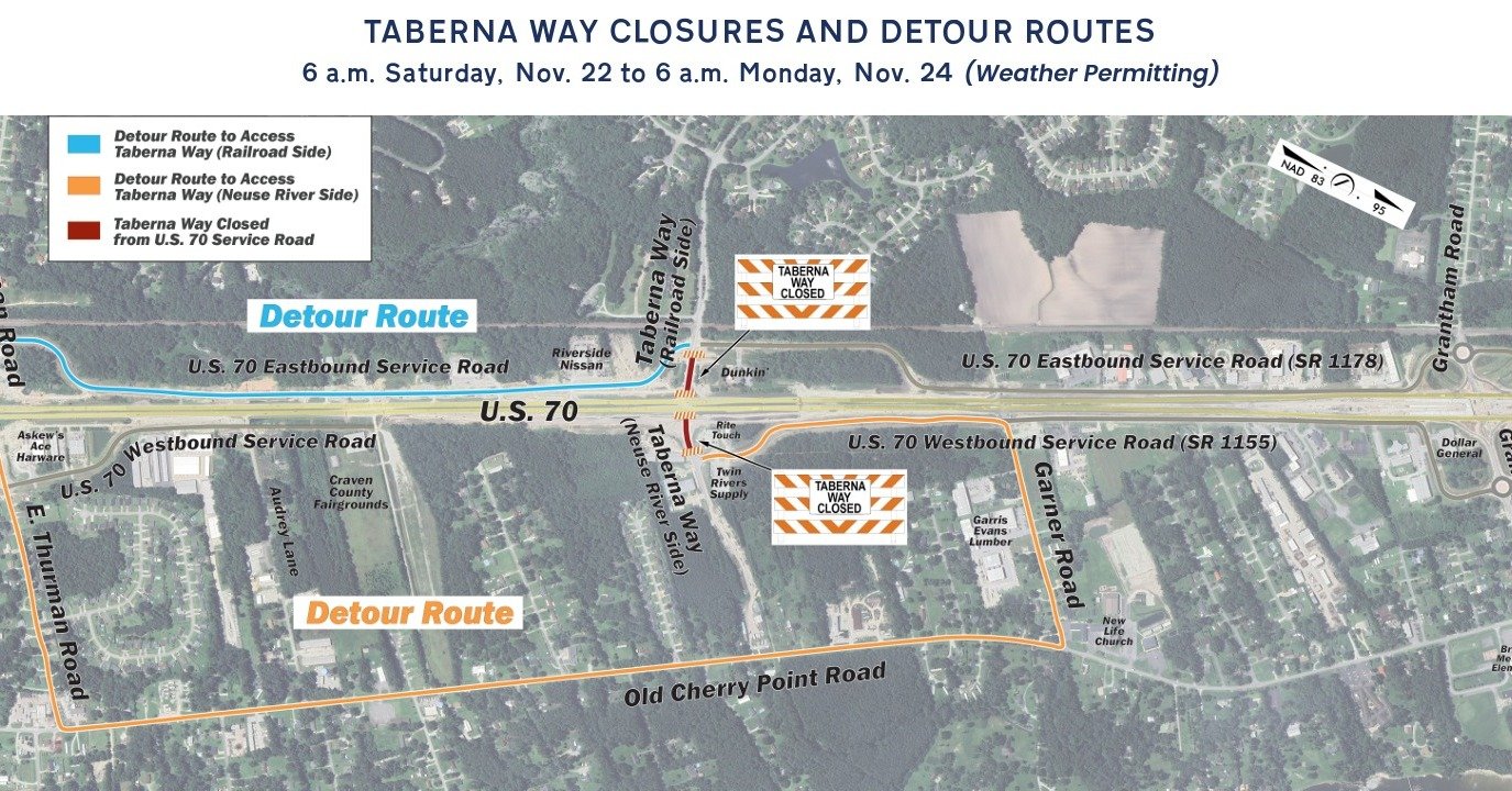 #US70JamesCity Important Traffic Alert for the Taberna Area!
Bridge construction is set to begin for the future Taberna Way interchange. 

Starting at 6 a.m. Saturday, Nov. 22, Taberna Way on both sides of U.S. 70 will be closed between the highway a