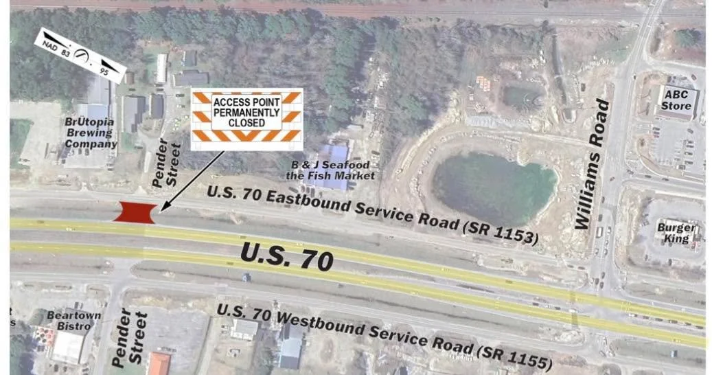 #US70JamesCity Traffic Alert

On Monday, Dec. 15, the access point between U.S. 70 Eastbound and the U.S. 70 Eastbound service road (SR 1153) at Pender Street (between Br&Uuml;topia Brewing Company and B &amp; J Seafood) will be permanently closed to