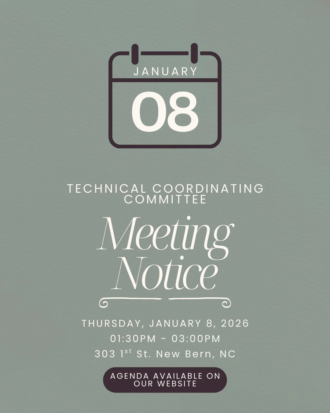The next Technical Coordinating Committee (TCC) meeting is scheduled for Thursday, January 8, 2026 at 1:30PM at the 303 First Street in New Bern. The agenda can be found at https://www.nbampo.org/tcc-resources