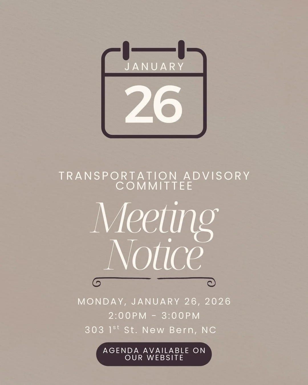 The next Transportation Advisory Committee (TAC) meeting is scheduled for Monday, January 26, 2026 at 2:00PM at the 303 First Street in New Bern. The agenda can be found at https://www.nbampo.org/tac-resources