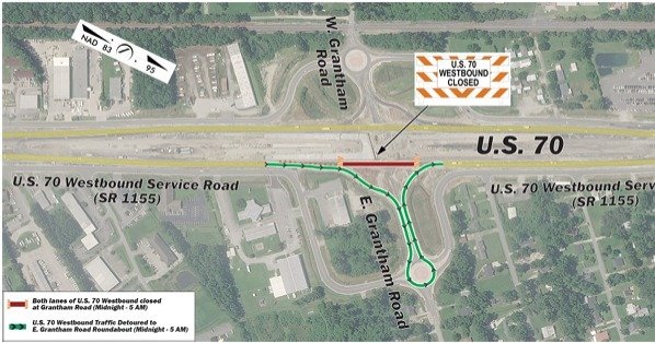#US70JamesCity Traffic Alert

Bridge construction for the Grantham Road interchange will require nightly closures of U.S. 70 Westbound from tonight, Wednesday, Feb. 18 until Friday, Feb. 20. Please pay close attention to posted signs for directions a