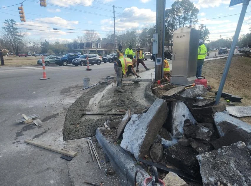 Construction is underway for new sidewalks from Craven Community College to Greenbriar Parkway on Glenburnie.