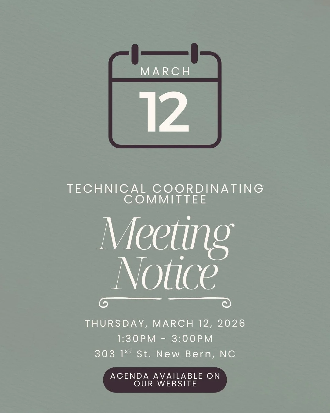 The next Technical Coordinating Committee (TCC) meeting is scheduled for Thursday, March 12, 2026 at 1:30PM at the 303 First Street in New Bern. The agenda can be found at https://www.nbampo.org/tcc-resources