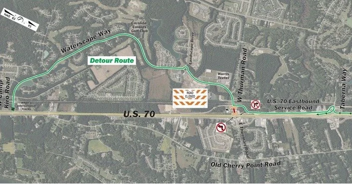 #US70JamesCity Traffic Alert

Starting tonight, Tuesday, March 17, W Thurman Road will be closed between U.S. 70 Eastbound and the railroad track for storm drain work nightly from 10 p.m. to 5 a.m. until Sunday, March 22. During this time, right turn