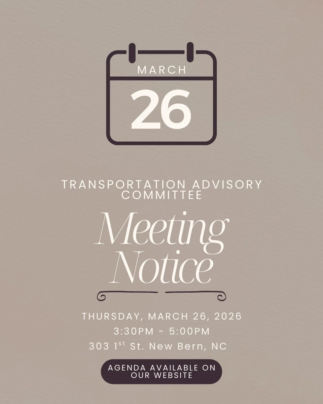 The next Transportation Advisory Committee (TAC) meeting is scheduled for Thursday, March26, 2026 at 3:30PM at the 303 First Street in New Bern. The agenda can be found at https://www.nbampo.org/tac-resources