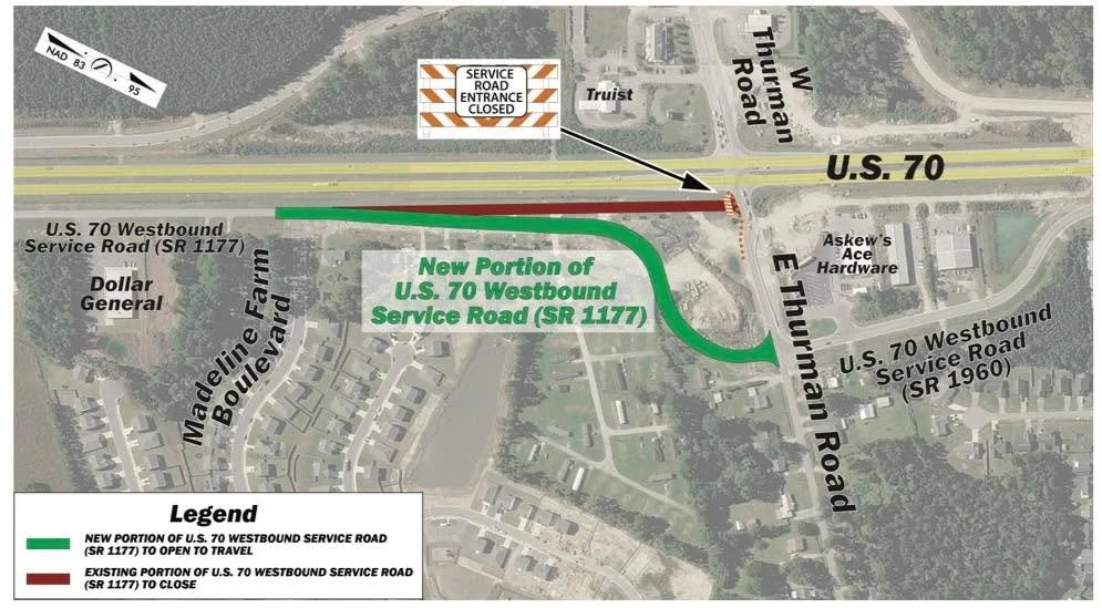 #US70JamesCity Traffic Alert

On Monday, March 23, a new portion of the U.S. 70 Westbound service road (SR 1177) off of E Thurman Road will open to traffic. The entrance to the service road (SR 1177) on E Thurman Road is being moved farther from the 