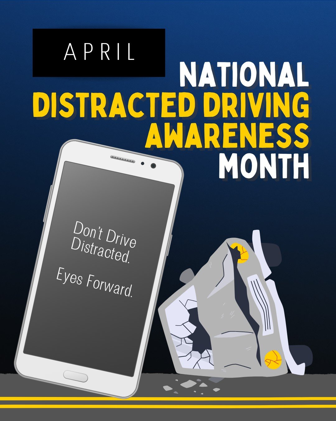April is Distracted Driving Awareness Month. A quick text isnt worth a life. Every time you take your eyes off the road , youre putting yourself and others at risk. Put the phone down, stay focused and arrive safely. 

#DistractedDrivingAwareness #Dr