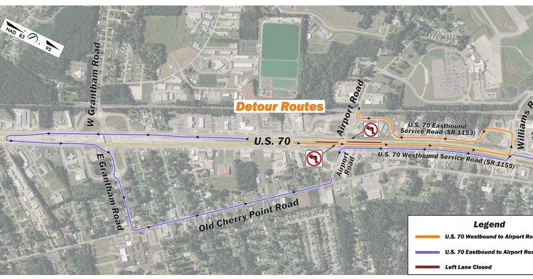 #US70JamesCity Traffic Alert 

Several lane closures and detours will be in place on the U.S. 70 Improvements in James City project between Friday, April 17 and Monday, April 20. A high amount of congestion is expected in these areas. Please use alte