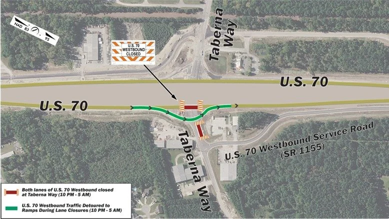#US70JamesCity Traffic Alert

Bridge construction for the Taberna Way interchange will require nightly closures of U.S. 70 Westbound from tonight, Monday, May 18 until Thursday, May 21. Please pay close attention to posted signs for directions and be