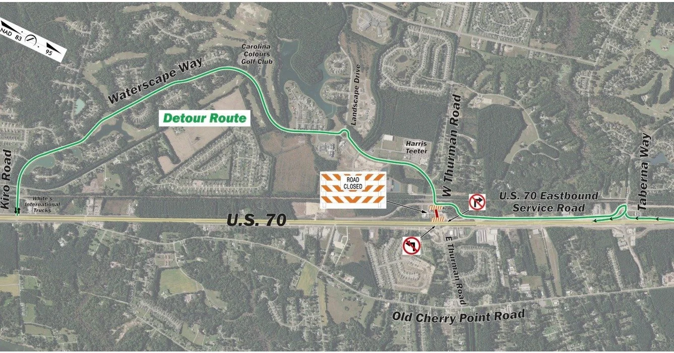 #US70JamesCity Traffic Alert

U.S. 70 Westbound Closure at Grantham Road (5/26 - 5/27)
Starting at 7 p.m. tonight, Tuesday, May 26, one lane of U.S. 70 Westbound will be closed at Grantham Road for road construction until 6 a.m. Wednesday, May 27.

W