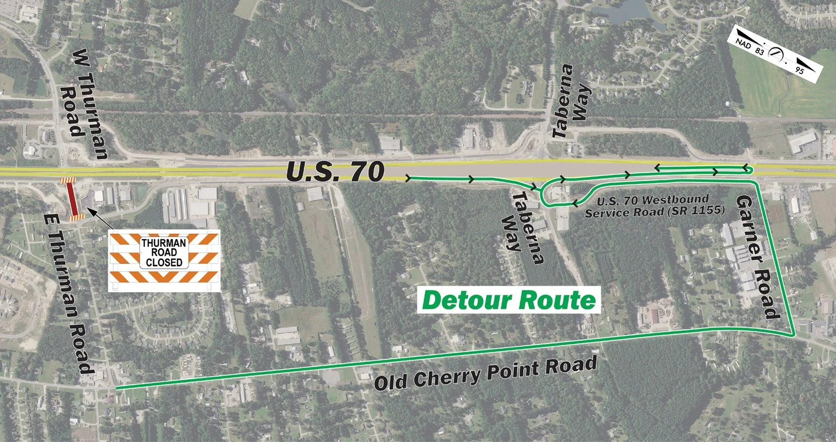 #US70JamesCity Traffic Alert

U.S. 70 Westbound Lane Closure at Thurman Road (5/27 - 5/29)
Starting tonight, Wednesday, May 27, one lane of U.S. 70 Westbound at Thurman Road will be closed for road construction nightly from 7 p.m. to 6 a.m. until Fri