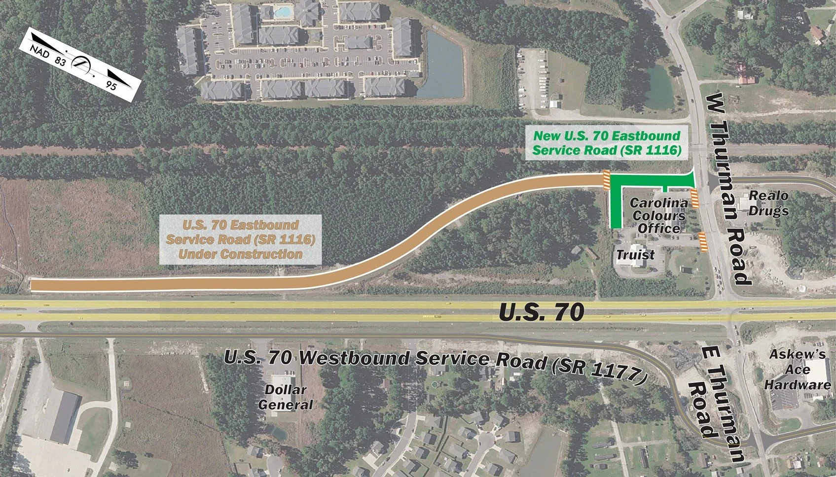 #US70JamesCity Traffic Alert

Tomorrow, Friday, June 5, a new U.S. 70 Eastbound service road (SR 1116) off of W Thurman Road will be opened to traffic. This new service road will reroute access to Truist Bank and the Carolina Colours office as the Th
