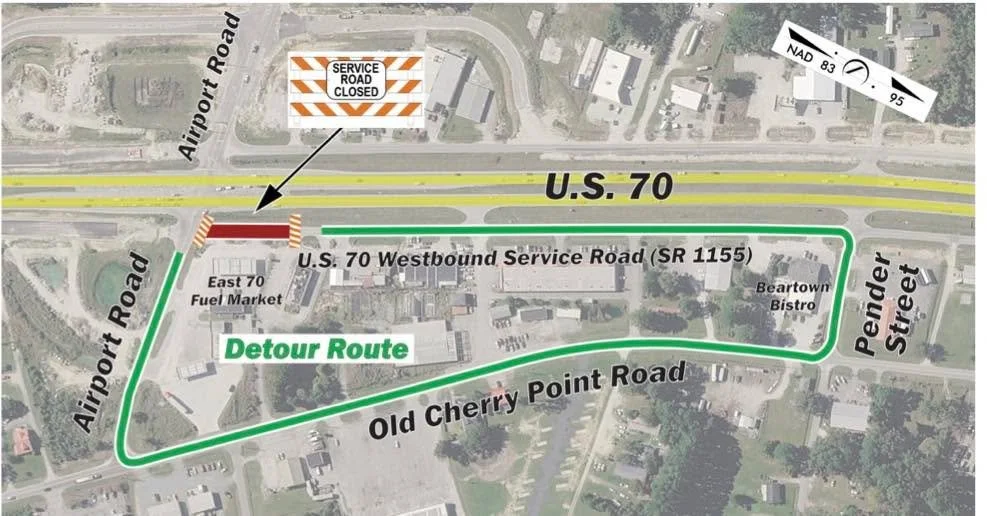 #US70JamesCity Traffic Alert

Starting at 10 p.m. tonight, Sunday, June 7, a portion of SR 1155 (U.S. 70 Westbound Service Road) will be closed between Airport Road and East 70 Fuel Market for storm drain work until 5 a.m. Monday, June 8. The closure