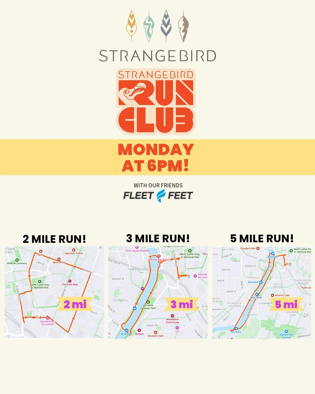 Join us for Strangebird Run Club on Monday, October 13, at 6pm 🏃🏃&zwj;♀️🏃 We&rsquo;re running the East End/Genesee River routes this week. Runs start and end at Strangebird. Full route information is posted to our website (link in profile) and our