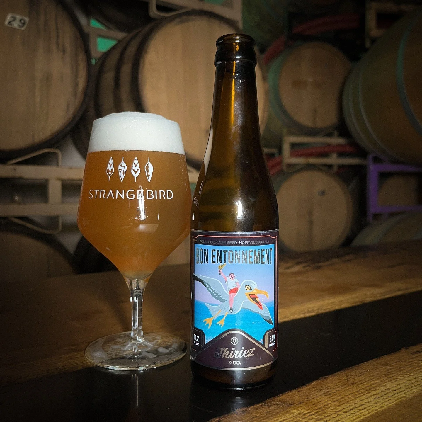 💥Bon Entonnement, our collaboration with @brasseriethiriez is now available on draft and in bottles to-go at Strangebird💥

Eric and Micah brewed this Hoppy Farmhouse Saison in July at Thiriez in Esquelbecq, France 🇫🇷. They brought with them the s