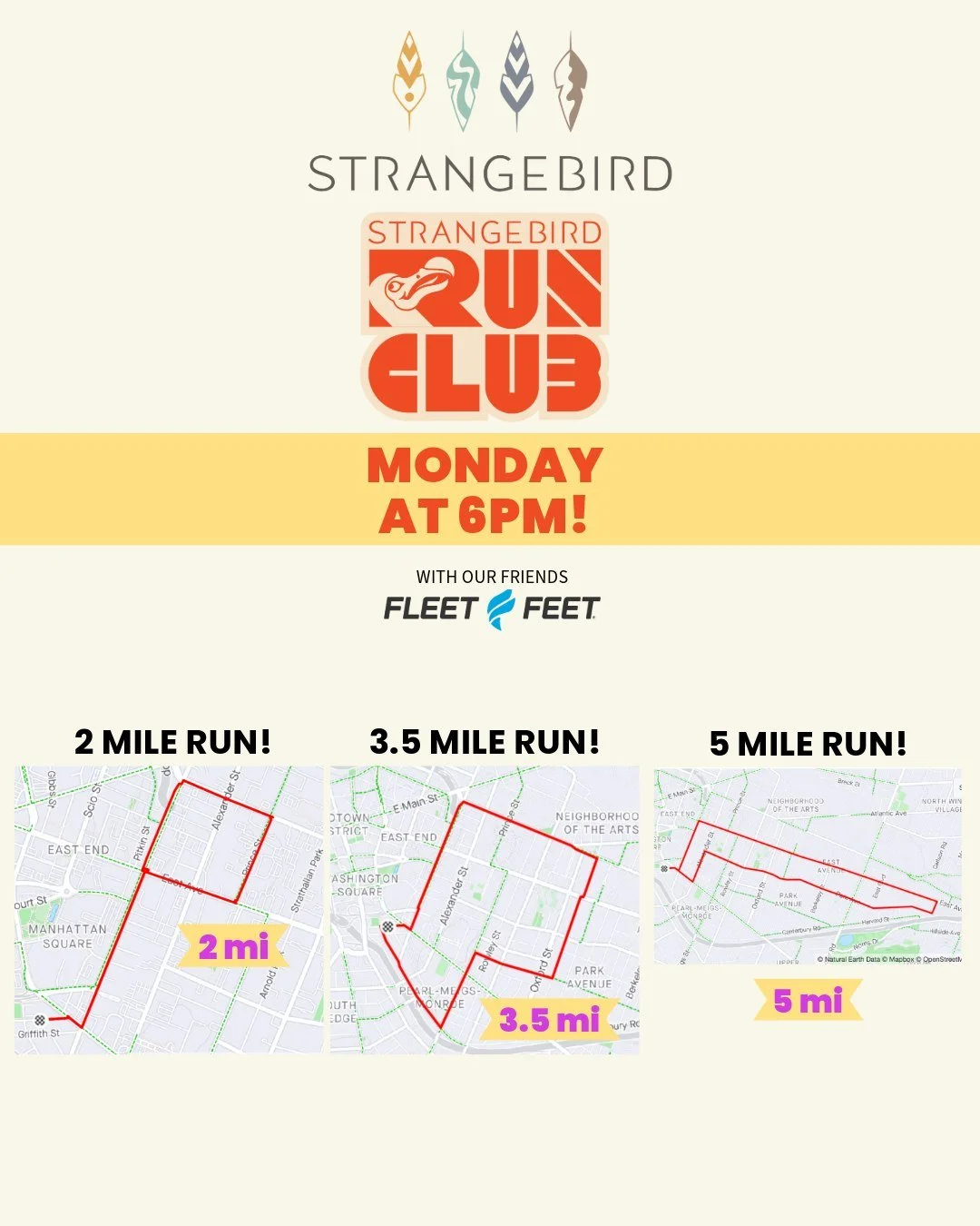 🏃🏃&zwj;♀️Join us for Strangebird Club on Monday, November 10, at 6pm. We're running the NOTA/Park Ave/East Ave Routes this week. 🦺🔦Don't forget your head lamp and reflective gear!

Runs start and end at Strangebird. Full route information is post