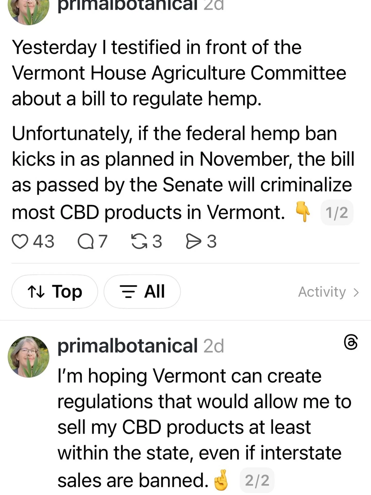 Is there a way to sell CBD products in Vermont (outside dispensaries), even if the federal ban kicks in this November as planned? I&rsquo;m not sure, but I&rsquo;m pushing for it!

Unfortunately, VT S.323, as passed by the Senate Agriculture Committe