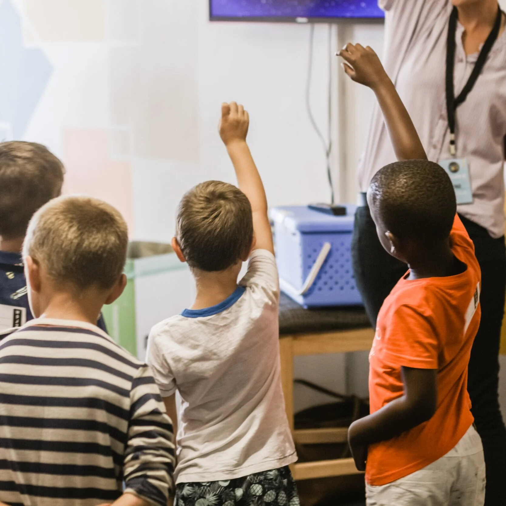 Young boys raising their hands