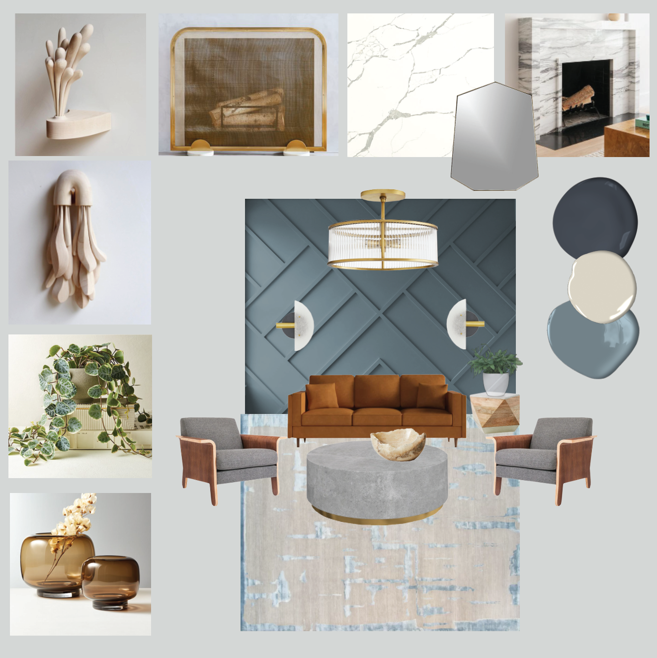  Concept for a living room for a female doctor in an upscale neighborhood featuring sophisticated modern design with organic touches and visually surprising elements.  