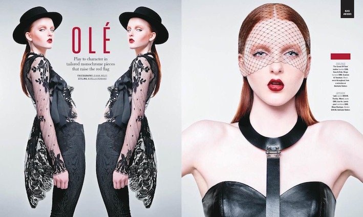 Model in Spanish-Inspired Outfit with Lace and Black Leather, Bold Red Lips