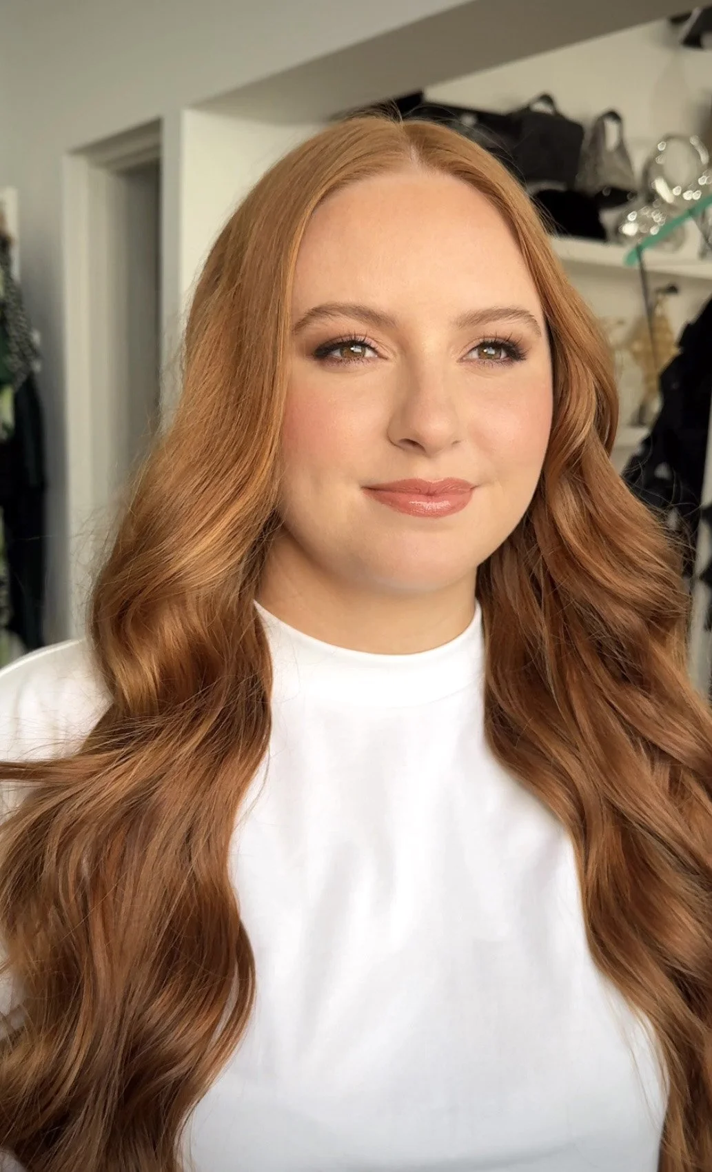 Feminine Makeup in Peach Tones with Soft Wavy Hair
