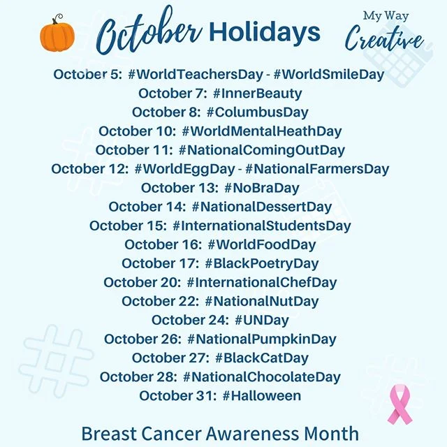 I wanted to do something new for you all! I hope I&rsquo;m not too late for October 🤫! Here is a list of the social media/hashtag holidays. Now, you can participate in the hype and know what to post ahead of time.⠀
⠀
These are awesome content ideas 