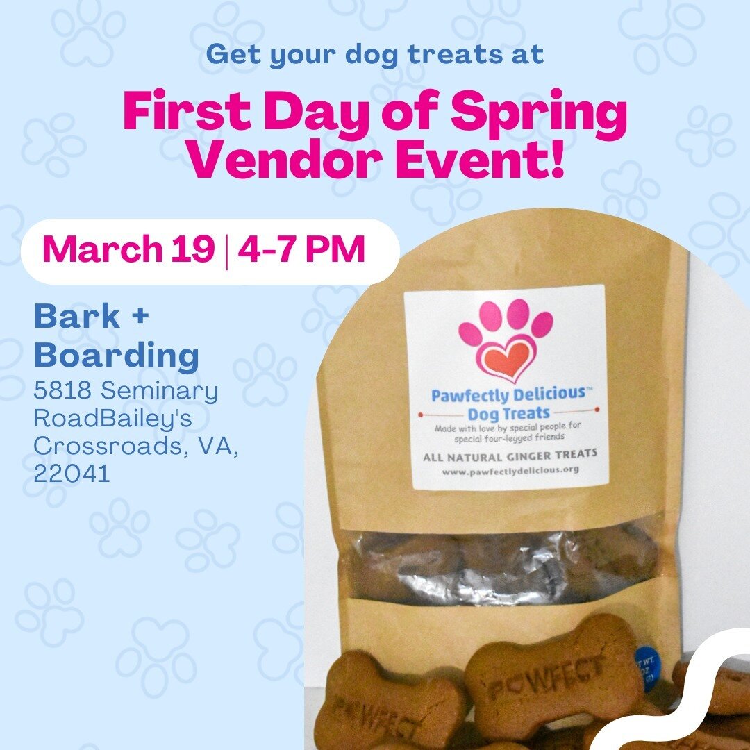 We&rsquo;re thrilled to join our friends at @barkandboarding for their &lsquo;First Day of Spring&rsquo; Vendor Event! Come out and shop Pawfectly Delicious Dog Treats and other local vendors to make sure your pup is ready for Spring! 

This event is