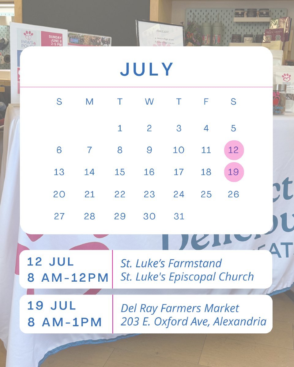 Where can you find the Pawfectly Delicious team and treats this month? At the farmers' markets! 🍉🌽🥕

🩷July 12: St. Luke's Farmstand
 @stlukesepiscopeeps
8009 Fort Hunt Road, Alexandria, VA
8 AM - 1 PM

🩷July 19: Del Ray Farmers Market
 @delrayfa